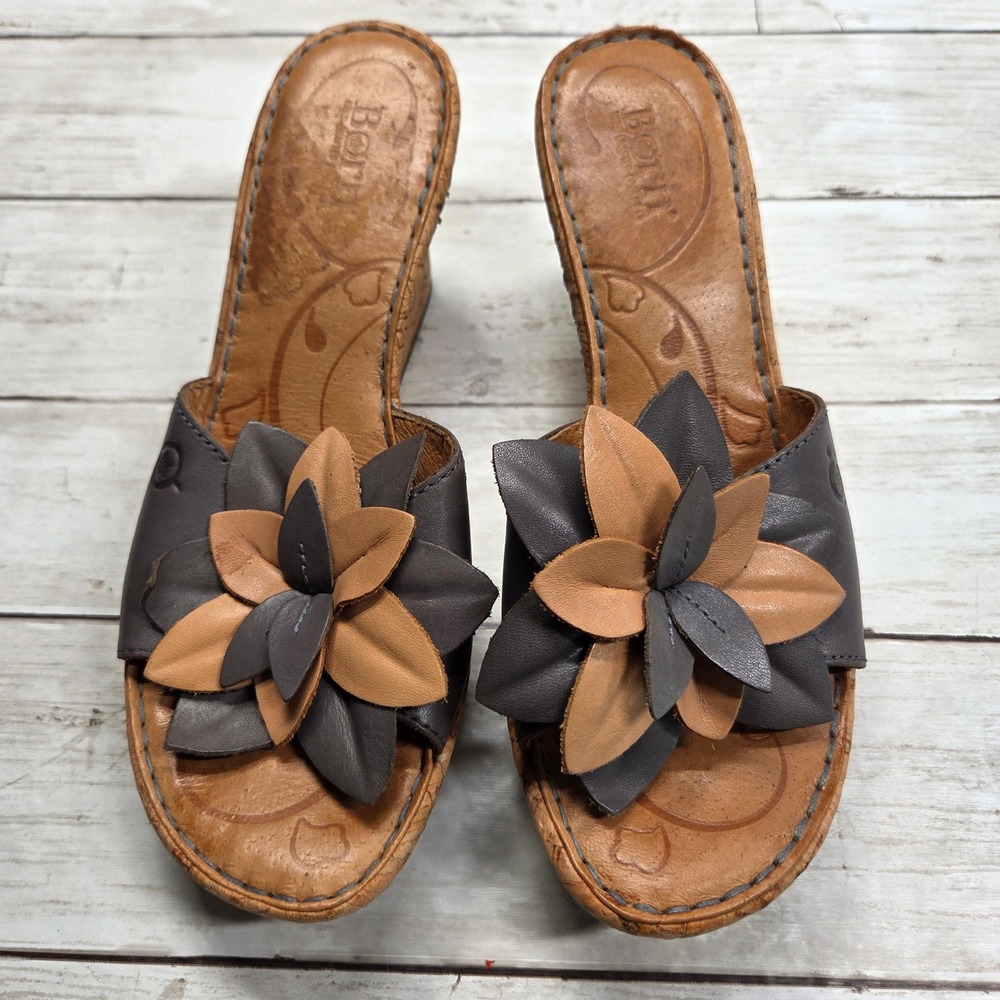 Born B08104 Flower Wedge Sandals Womens 7 Gray Brown Cork Platform Mules